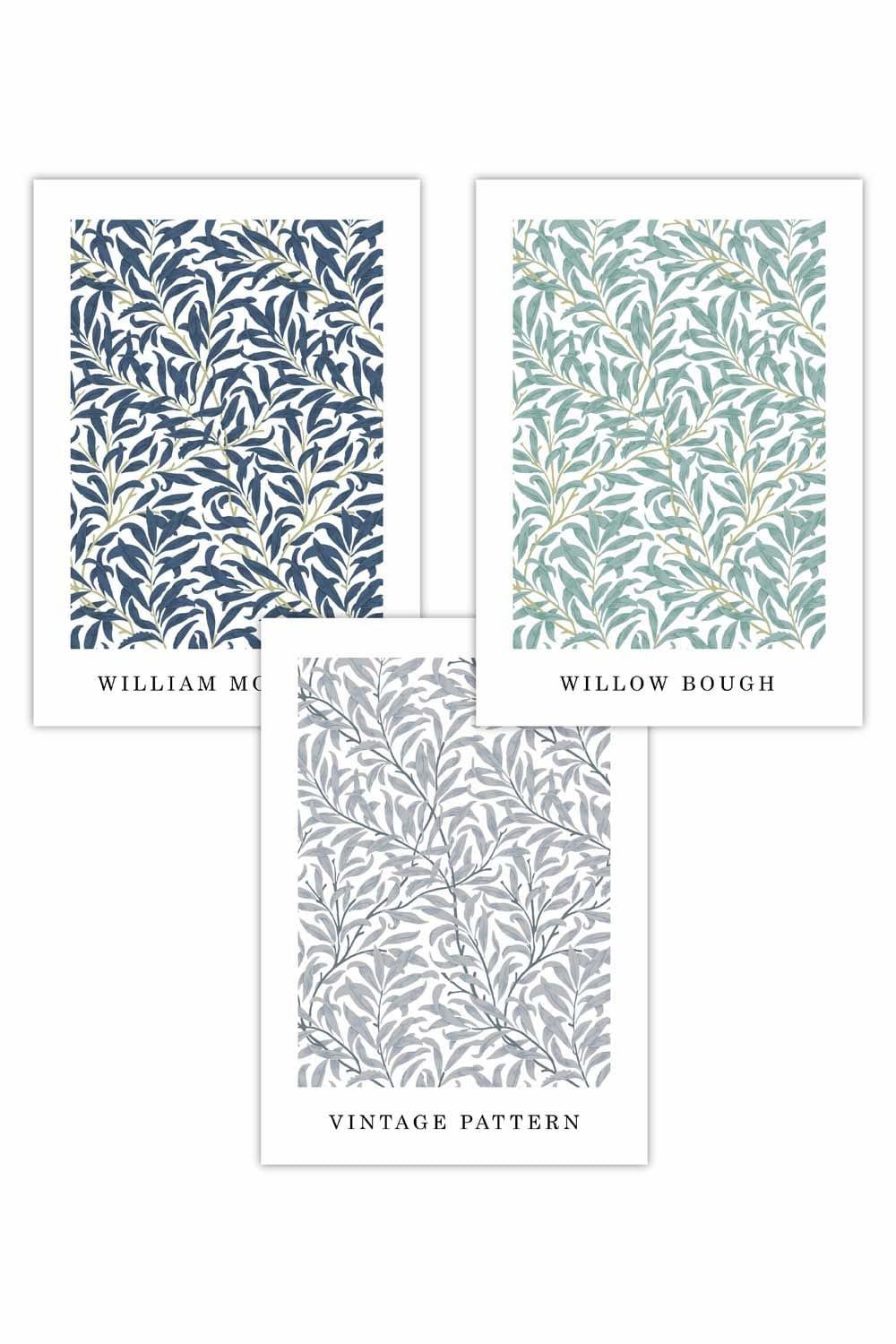Set of 3 Blue Green Grey William Morris Vintage Willow Floral Art Posters